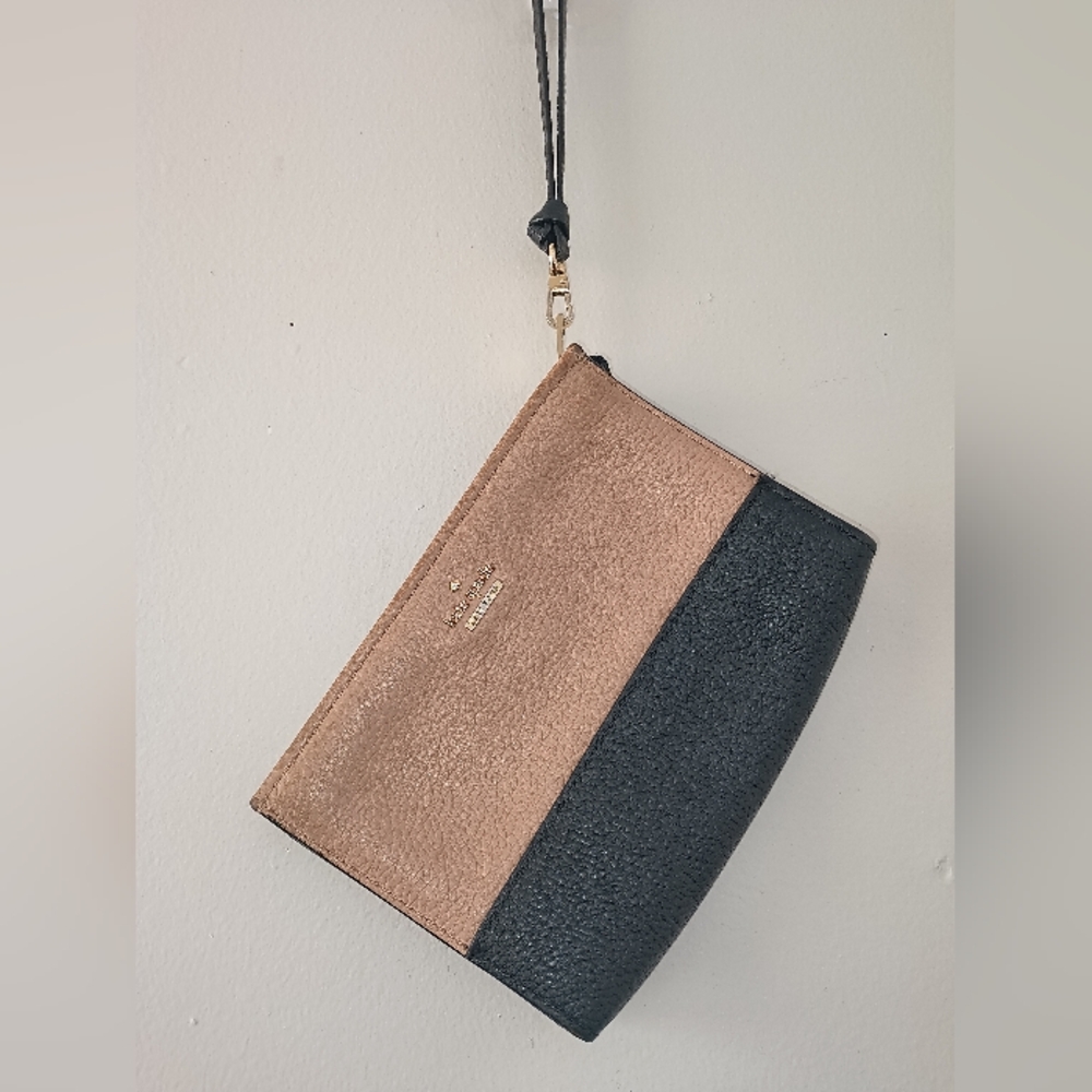 Kate Spade color block black & tan leather small clutch wristlet  bag .